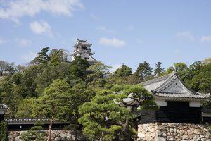 博物館の2階テラス席見える高知城