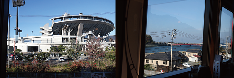 坊っちゃん球場と赤い長浜大橋